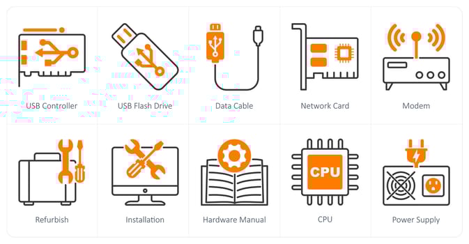 A set of 10 Computer Parts icons as usb controller, usb flash drive, data cable vector