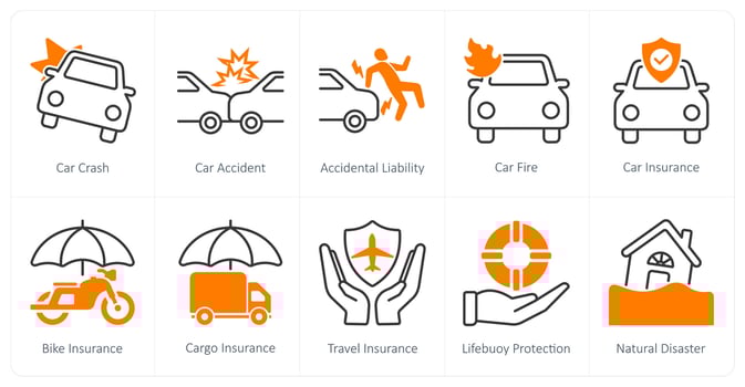 A set of 10 Insurance icons as car cash, car accident, accidental liability vector