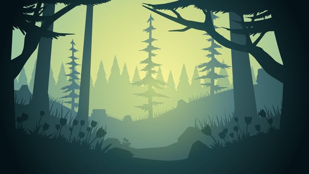 Landscape illustration of pine forest silhouette with wildflower vector