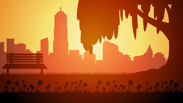 Cityscape illustration of park silhouette in sunset with bloom flower vector