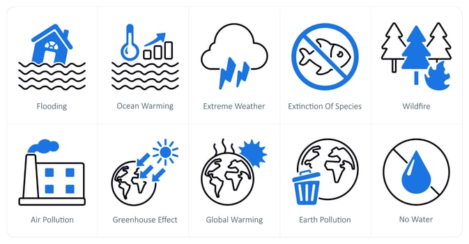 A set of 10 Climate Change icons as flooding, ocean warming, extreme weather vector
