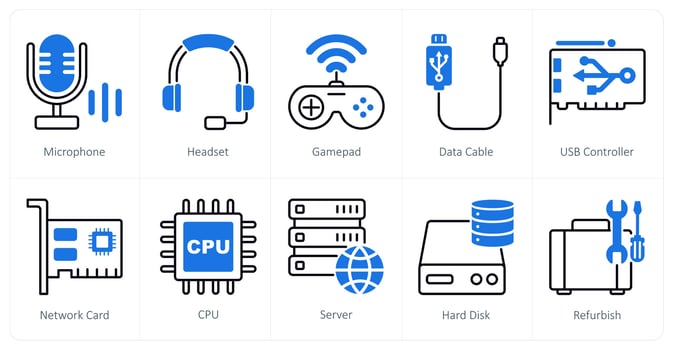 A set of 10 Computer Parts icons as microphone, headset, gamepad vector