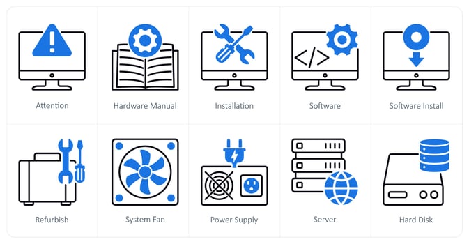 A set of 10 Computer Parts icons as attention, hardware manual, installation vector