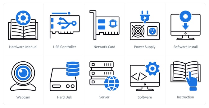 A set of 10 Computer Parts icons as hardware manual, usb controller, network card vector