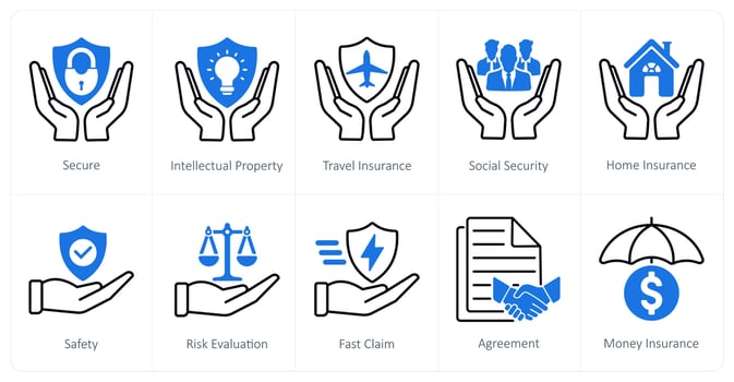 A set of 10 Insurance icons as secure, intellectual property, travel insurance vector