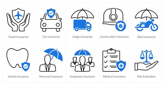 A set of 10 Insurance icons as travel insurance, car insurance, cargo insurance vector
