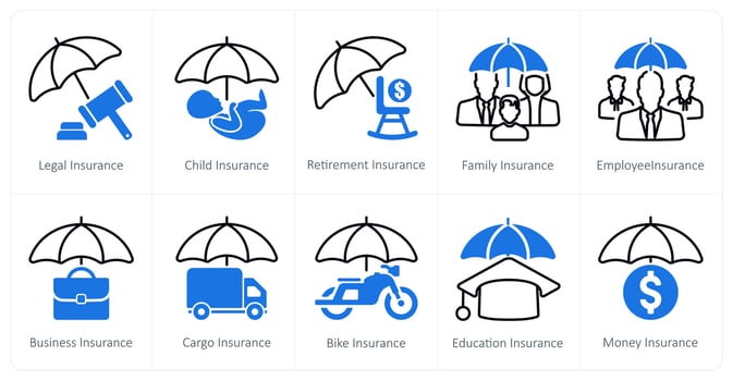 A set of 10 Insurance icons as legal insurance, child insurance, retirement insurance vector