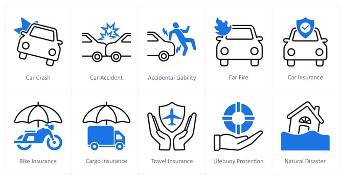 A set of 10 Insurance icons as car cash, car accident, accidental liability vector