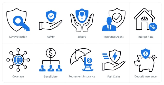 A set of 10 Insurance icons as key protection, safety, secure vector