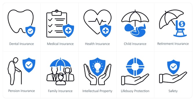 A set of 10 Insurance icons as risk evaluation, legal insurance, employee insurance vector