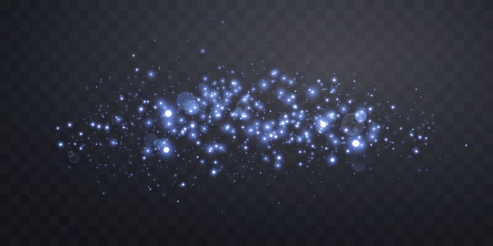 Blue glittering dots, particles, stars, magic sparks with smoke. Glow flare light effect. Blue luminous points in fog. vector