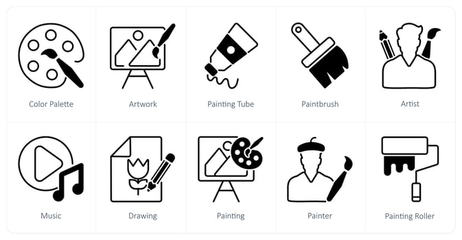 A set of 10 art icons as color palette, artwork, painting tube vector