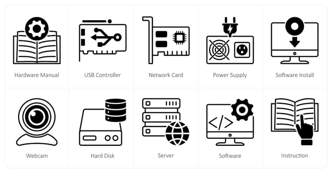 A set of 10 Computer Parts icons as hardware manual, usb controller, network card vector