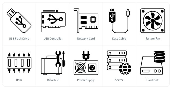 A set of 10 Computer Parts icons as usb flash drive, usb controller, network card vector