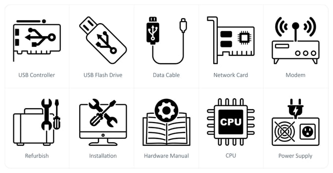 A set of 10 Computer Parts icons as usb controller, usb flash drive, data cable vector