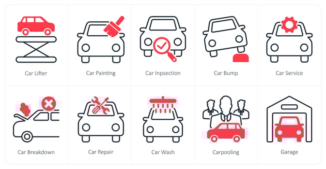 A set of 10 Car icons as car lifter, car painting, car inspection vector