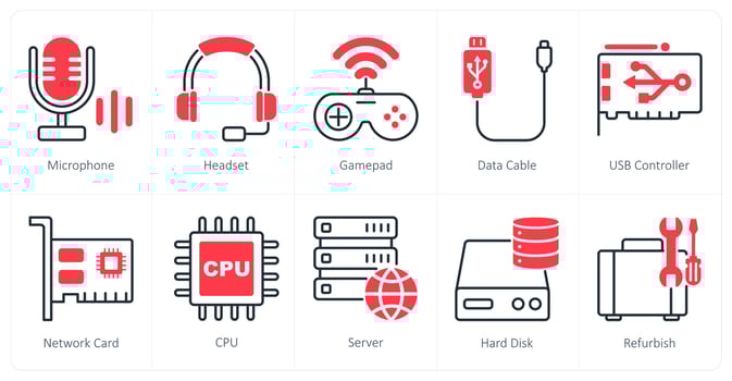 A set of 10 Computer Parts icons as microphone, headset, gamepad vector