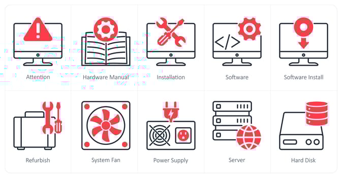 A set of 10 Computer Parts icons as attention, hardware manual, installation vector