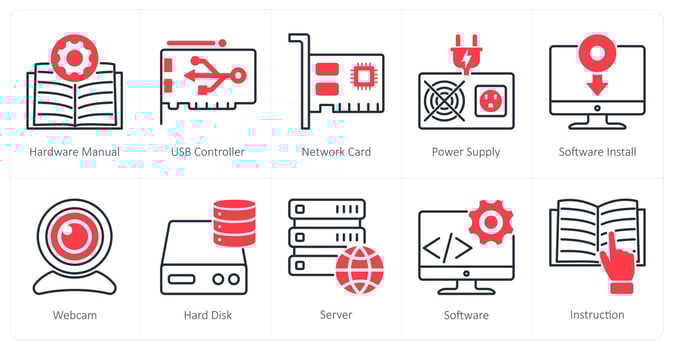 A set of 10 Computer Parts icons as hardware manual, usb controller, network card vector