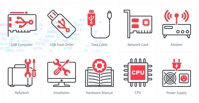 A set of 10 Computer Parts icons as usb controller, usb flash drive, data cable vector