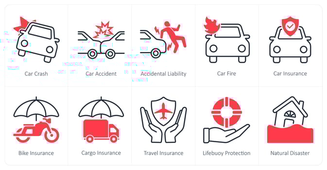 A set of 10 Insurance icons as car cash, car accident, accidental liability vector