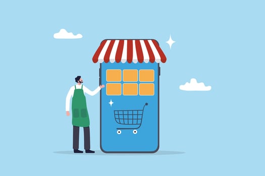 Online shop or e-commerce store, small business owner or entrepreneur shopkeeper, mobile website or app to purchasing product, retail digital shelf concept, young shopkeeper with online mobile store. vector