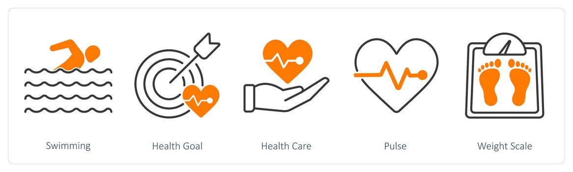 A set of 5 Sports and Fitness icons as swimming, health goal, health care vector