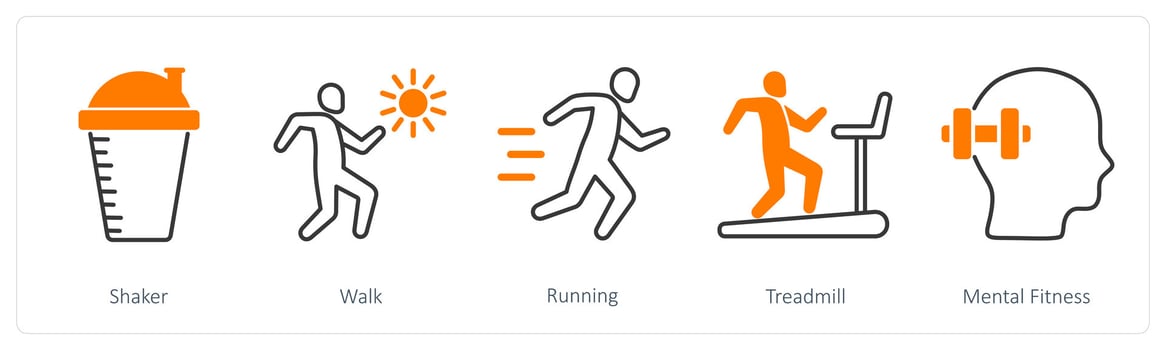 A set of 5 Sports and Fitness icons as shaker, walk, running vector