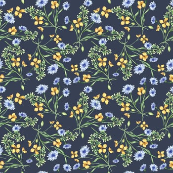 Yellow, blue meadow flowers in watercolor seamless pattern isolated on dark. Celandine and cornflower in sketch. Medicinal plant, useful floral print hand drawn. Design for home textile, package. vector