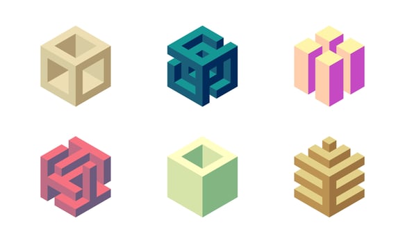 Cube logo, geometric design. Set box logotype company, trendy techno emblem in isometric 3D style. vector