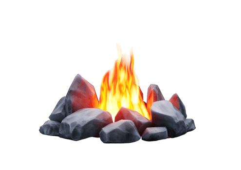 Burning fire in a pile of rocks. Isolated on transparent background png