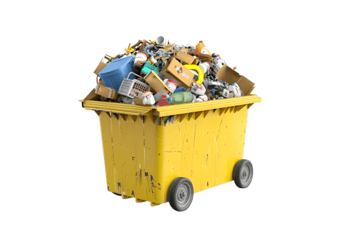 Overflowing yellow wheelie bin with trash. Isolated on transparent background png