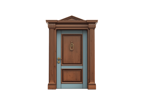 Classic wooden door with a brass knocker and handle. Isolated on transparent background png