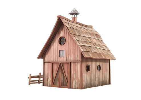 Rustic wooden barn with a small window and a large wooden door. Isolated on transparent background png