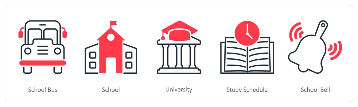 A set of 5 School and Education icons as school bus, school, university vector