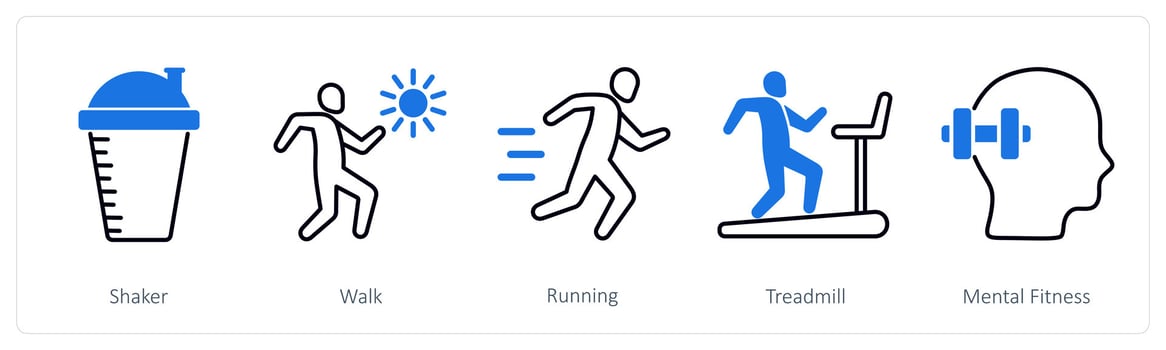 A set of 5 Sports and Fitness icons as shaker, walk, running vector