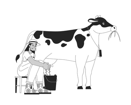 African american woman milking cow 2D cartoon character. Black female farmer working at dairy farm isolated flat person white background. Agricultural animal color spot illustration vector