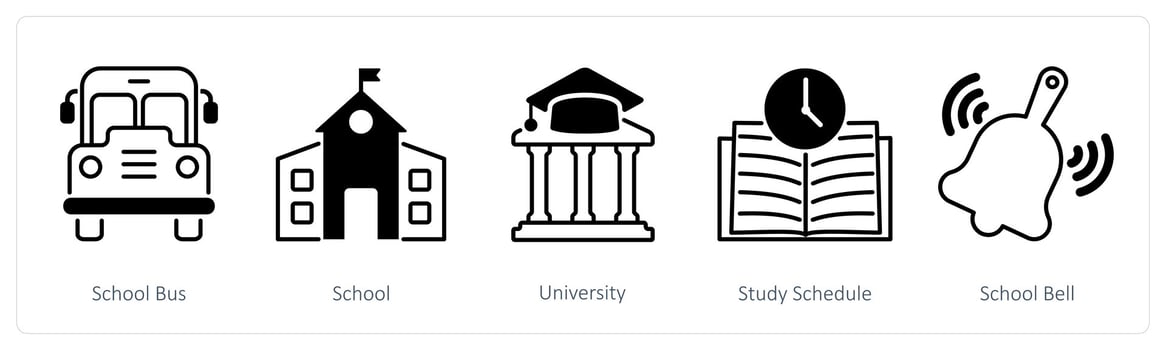 A set of 5 School and Education icons as school bus, school, university vector