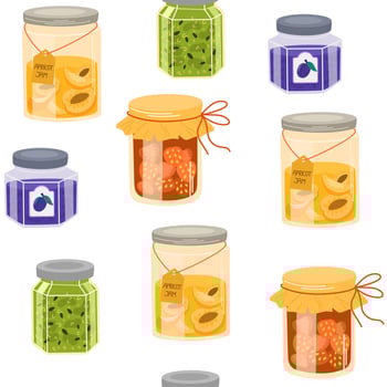 Fruit jam in jars, seamless pattern. Confiture, jelly preserves, homemade marmalade. Endless background, texture, print for wallpaper, textile, wrapping design. Colored flat illustration vector
