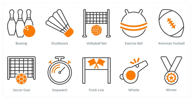 A set of 10 Sports and Fitness icons as bowling, shuttlecock, volleyball net vector
