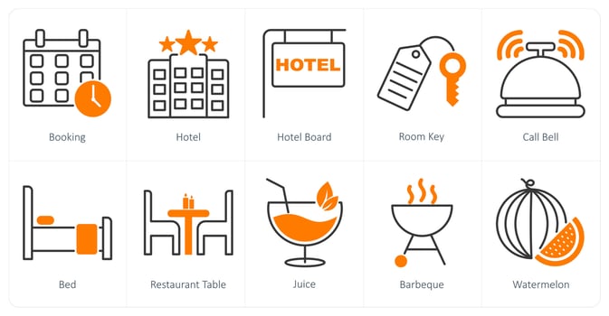 A set of 10 Summer and Vacation icons as booking, hotel, hotel board vector