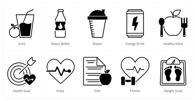A set of 10 Sports and Fitness icons as juice, water bottle, shaker vector