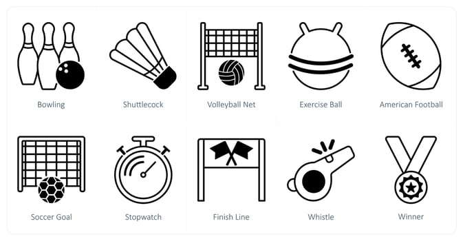 A set of 10 Sports and Fitness icons as bowling, shuttlecock, volleyball net vector