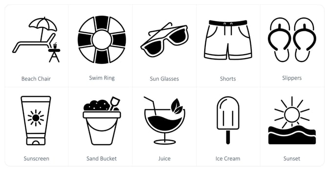 A set of 10 Summer and Vacation icons as beach chair, swim ring, sun glasses vector