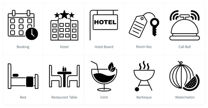 A set of 10 Summer and Vacation icons as booking, hotel, hotel board vector