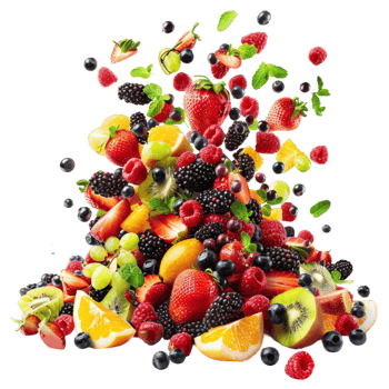 Fruit Salad with Fresh Fruits and Berries Falling from the Sky on Transparent background AI-Generative png
