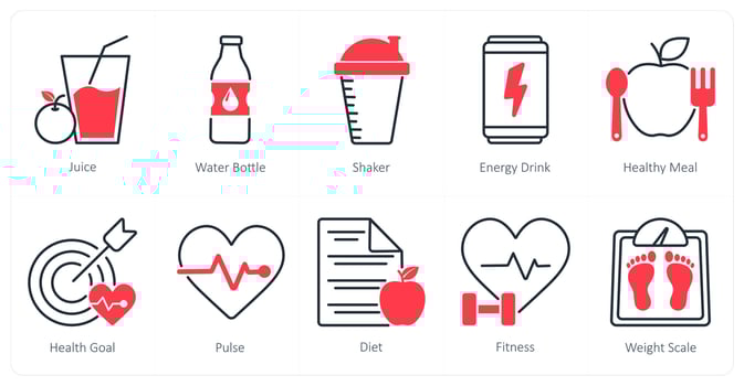 A set of 10 Sports and Fitness icons as juice, water bottle, shaker vector