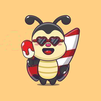 Cute ladybug with surfboard holding ice cartoon illustration vector