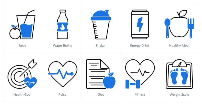 A set of 10 Sports and Fitness icons as juice, water bottle, shaker vector