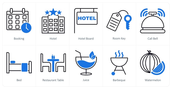 A set of 10 Summer and Vacation icons as booking, hotel, hotel board vector